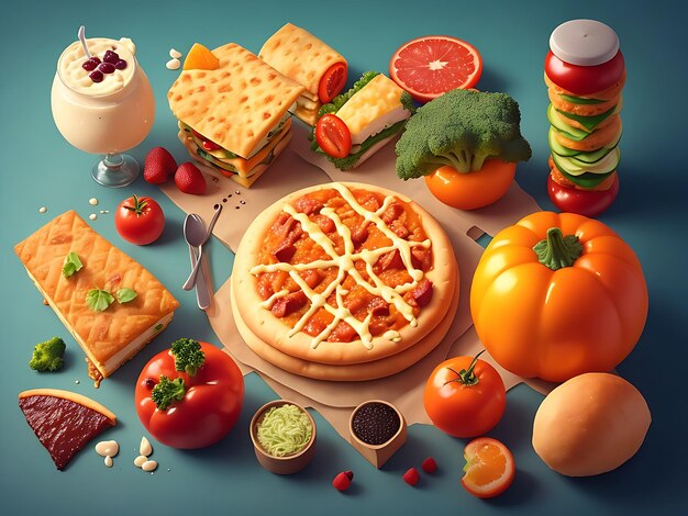 Different types of food and drinks top view ai generator