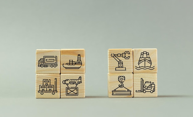 Different types of international transport the concept of building world trade wooden box technology idea