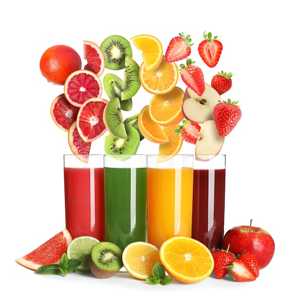 Different types of juices and fresh fruits on white background