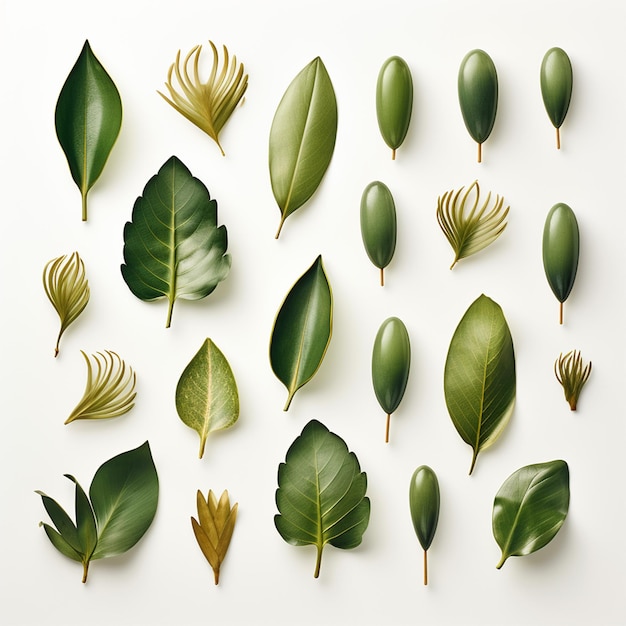 different types of leaves on white background