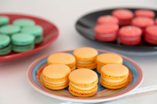 Different types of macarons been prepared. Close up photo.