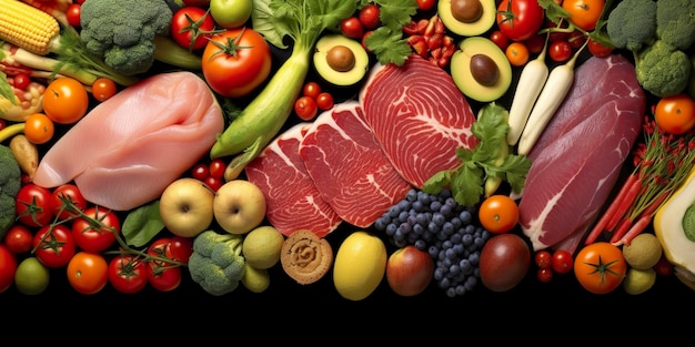 さまざまな種類の肉、野菜、果物がスーパーマーケットに並んでいます。 生成 AI