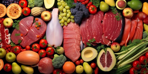 Foto diversi tipi di carni verdure e frutta si trovano nei supermercati