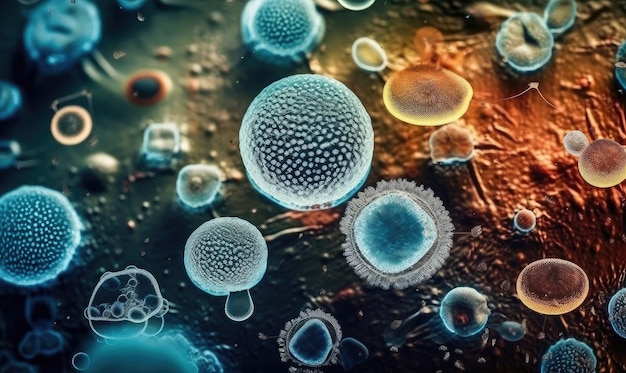 Different types of microbes viral cells and bacteria generative AI