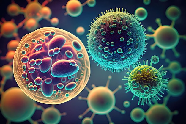 Different types of microbes Virus cells and bacteria on abstract background