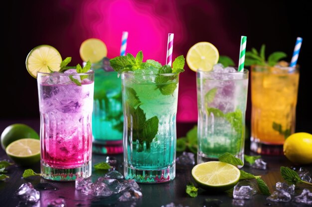 Different types of mojito cocktails with colorful decorations