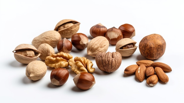 Different types of nuts on a white background