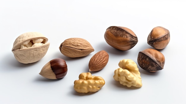 Different types of nuts on a white background