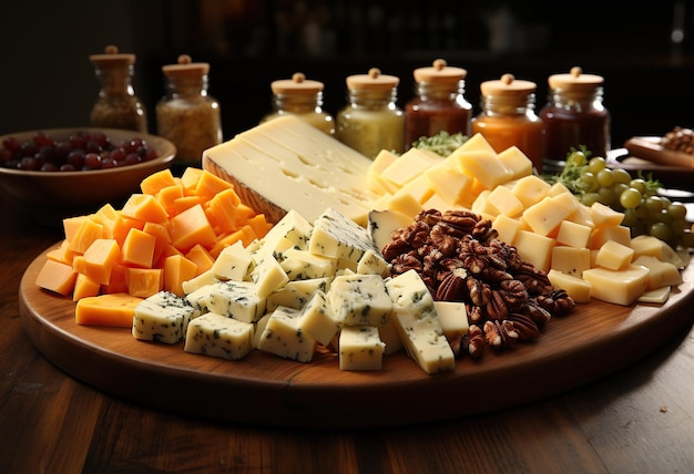 写真 木製の板の上に様々な種類のカラフルなチーズ