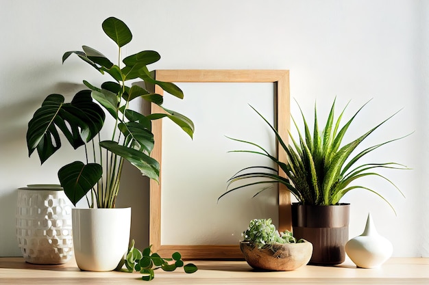 写真 さまざまな種類の家の植物のモックアップ フレーム