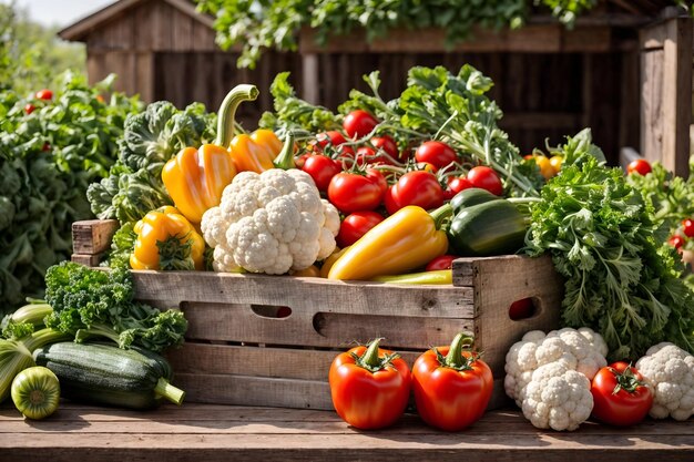 Different types of organic vegetables on wooden table