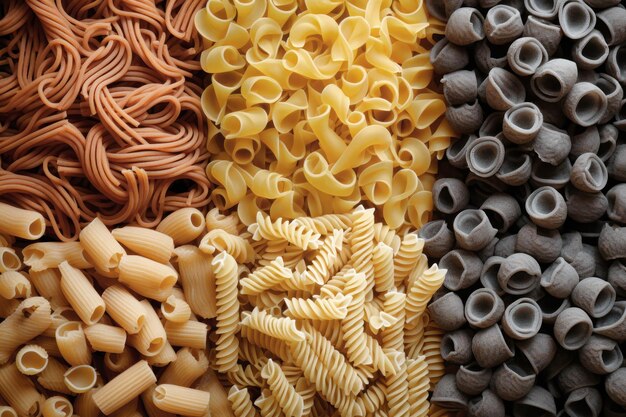 Different types of pasta as background closeup Pasta and spaghetti from durum wheat