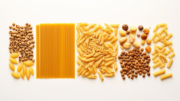 Different types of pasta on white background