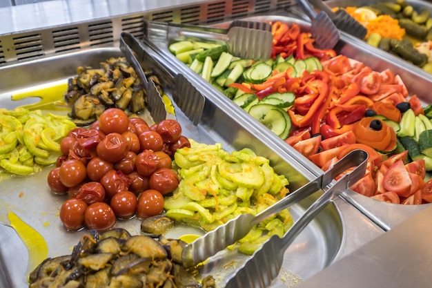 Different types of pickled vegetables salads Concept of food All inclusive buffet style