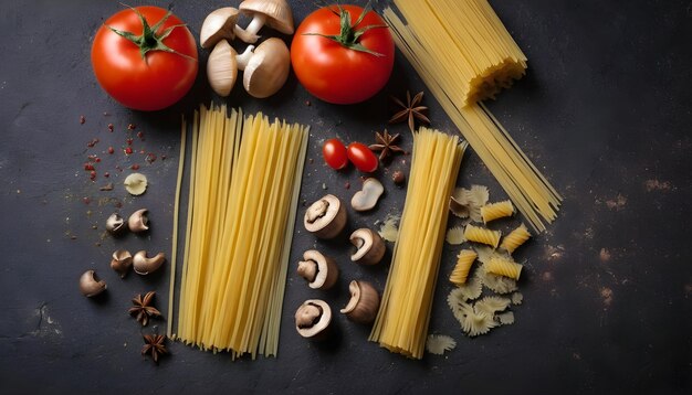 Different types of raw pasta with tomatoes spices and mushrooms On dark rustic background