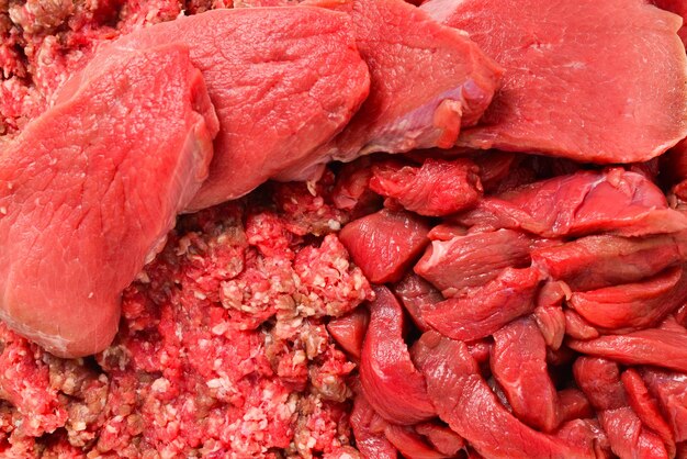 Different types of raw veal background. Slices, minced meat, beef stroganoff.