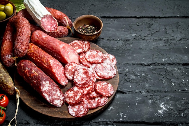 Different types of salami on the board