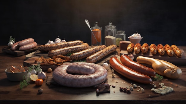 Different types of sausages on a wooden table meat products food