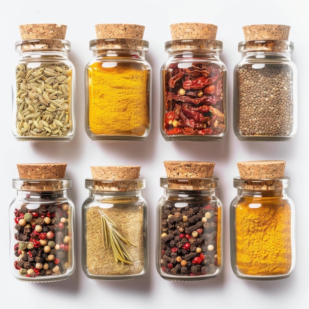 Different types of spices in glass jars on a white background