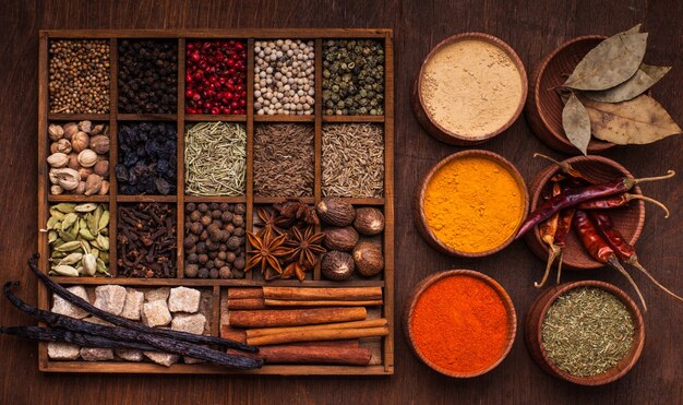 Different types of spices in wooden box