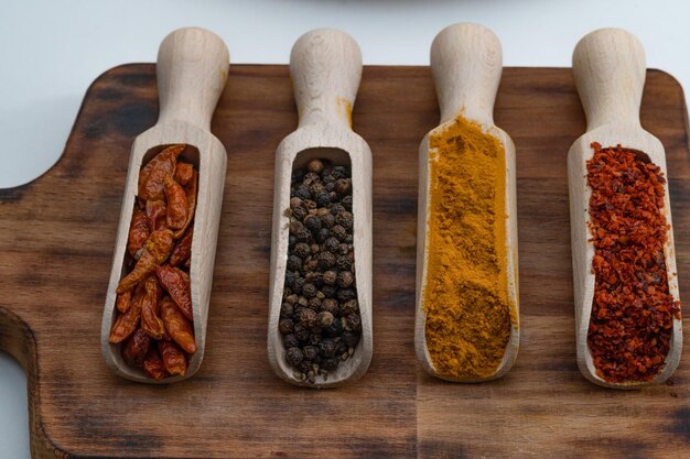 different types of spices in a wooden spoon