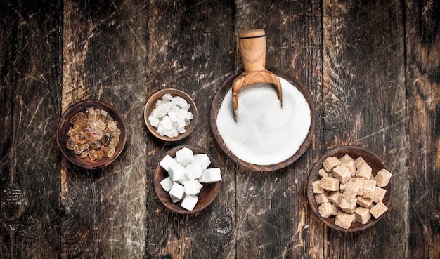 Different types of sugar in bowls