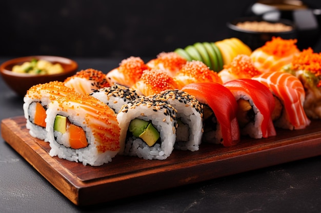 Different types of sushi rolls placed on a wooden board