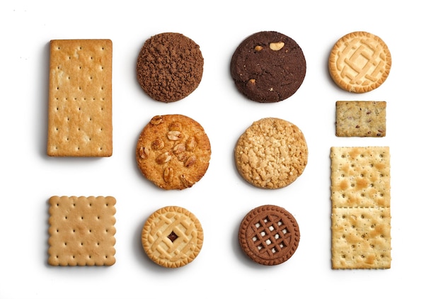 Different types of sweet cookies on white background. Variety of different kinds of sweet biscuits.