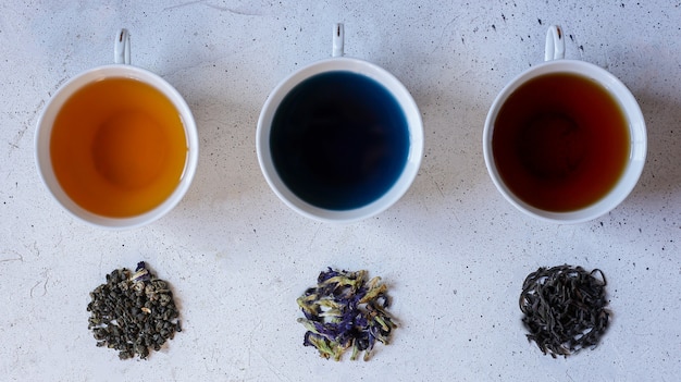 different types of tea on cement