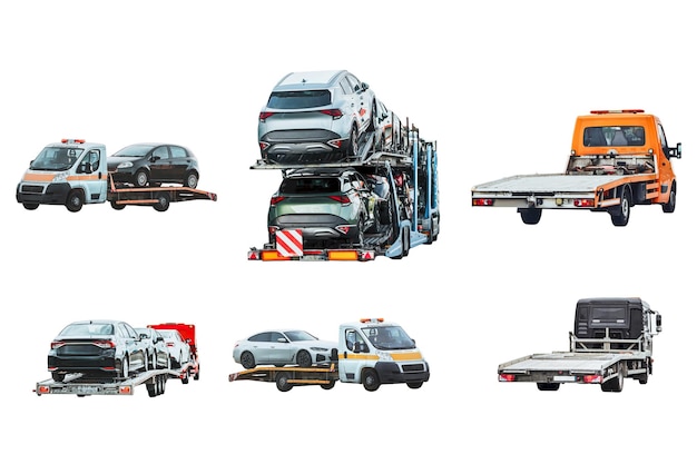 Photo different types of tow trucks and their functions are isolated on a white background car service transportation concept roadside rescue and assistance closeup