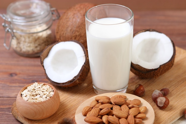 Different types of vegetable milk on the table