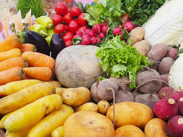 Different types of vegetables in Uzbekistan. Vegetarian vegetable salads.