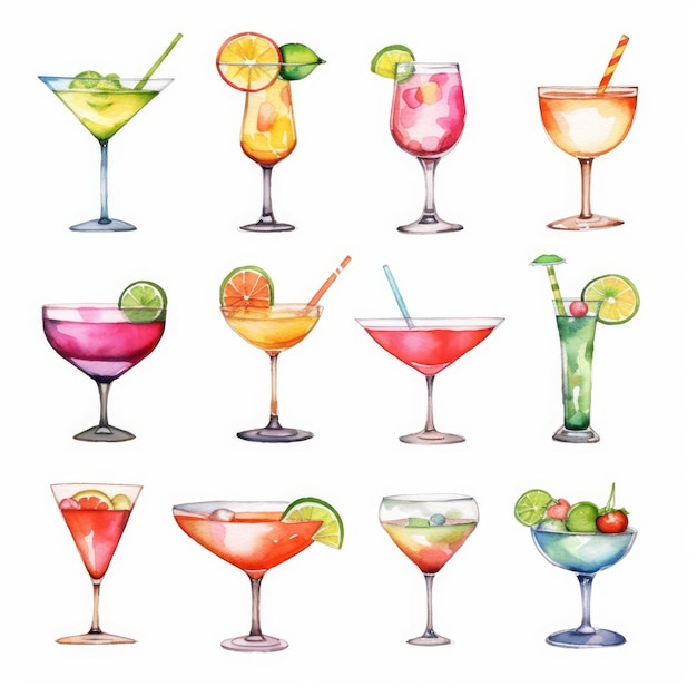 Foto diversi tipi di acquerello cocktail martini clipart generativa ai