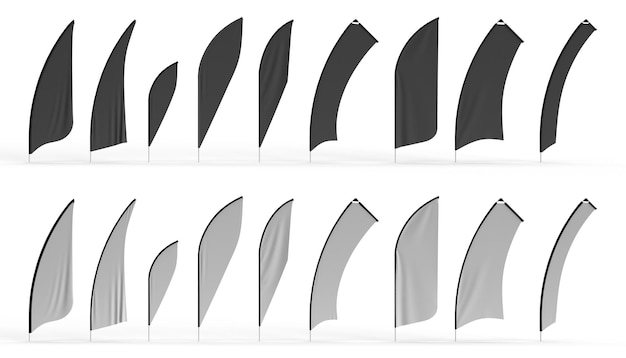 Различные типы развевающегося рекламного баннера флага 3D иллюстрации Бело-черный макет
