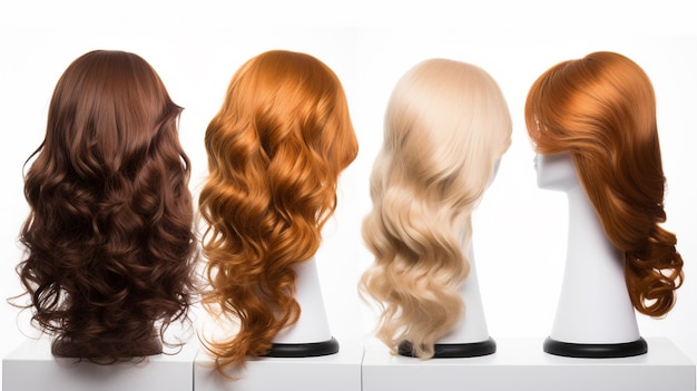 Different types of wigs on a mannequin