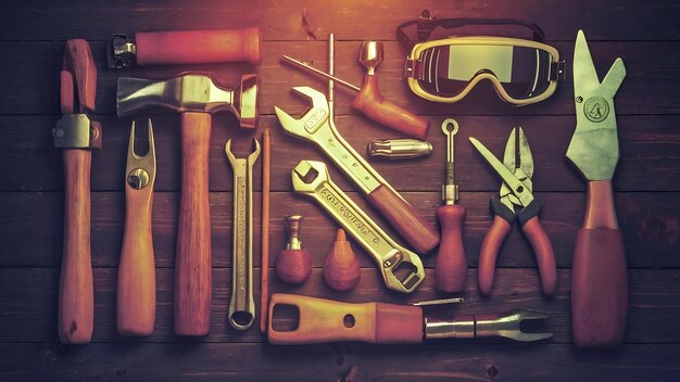 Photo different types of worktools on wooden background