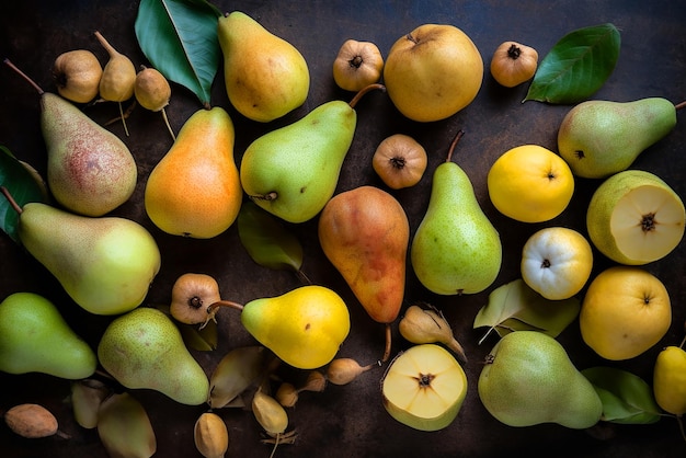 黒の明るい食べ物の背景にさまざまな種類の梨のオレンジ、黄、緑の果物
