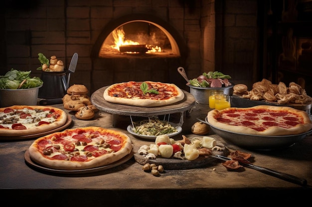 Different varieties of pizza cooking in a brick oven