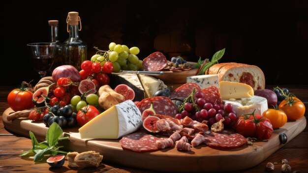 different varieties of sausage cheese bread and vegetables still life on the table