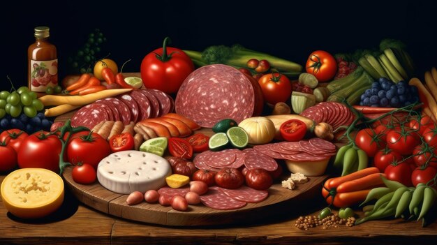 different varieties of sausage cheese bread and vegetables still life on the table