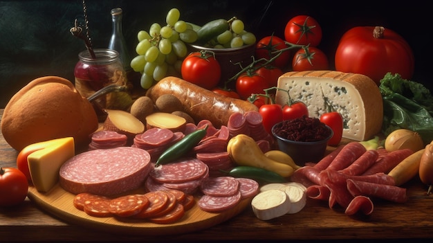 Различные сорта колбасы, сыра, хлеба и овощей на столе.