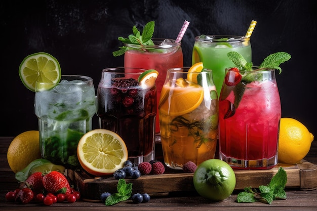 Different varieties of summer drinks each with their own unique flavor created with generative ai