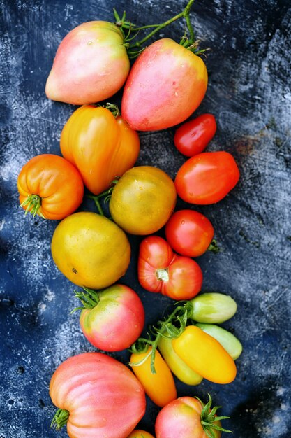 Different varieties of tomatoes, top view