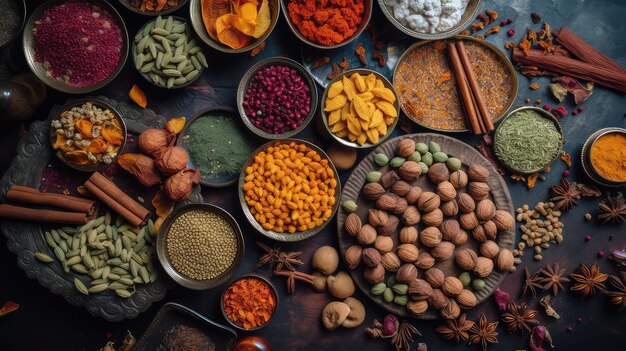 Photo different variety of indian dry spices and herb top view for cuisine