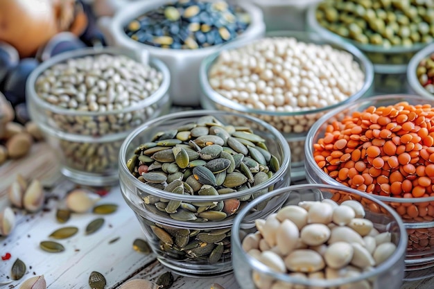 Different vegetable seeds on white wooden table