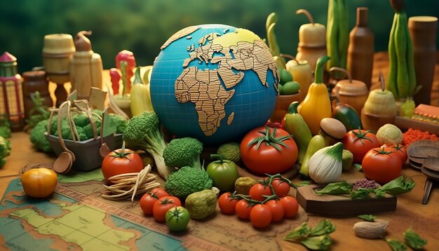 Different vegetables around the world in a cartoon style