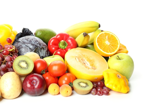 Different vegetables and fruits isolated on white background