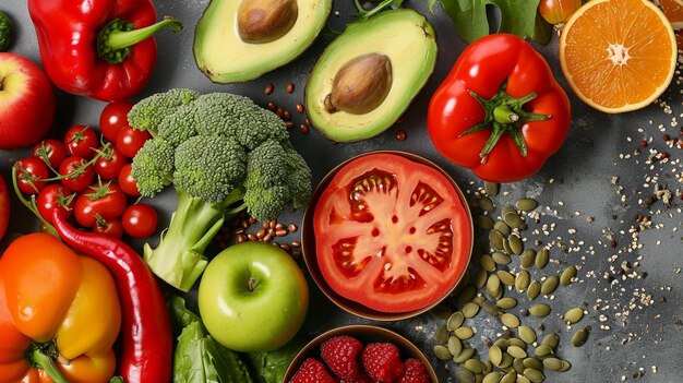 회색 테이블에 다양한 야채 씨앗과 과일이 놓여 있습니다. 건강한 다이어트 Ai Generative