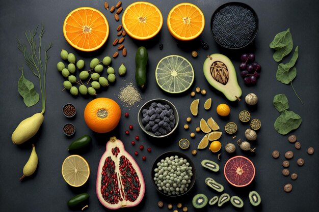 회색 탁자에 있는 다양한 채소 씨앗과 과일은 건강한 식습관을 가지고 있습니다.