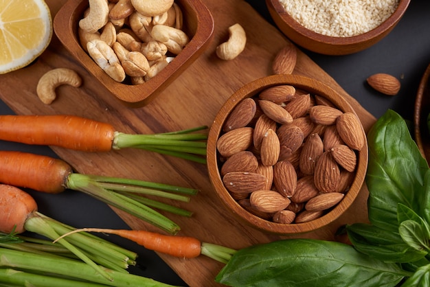 Different vegetables, seeds and fruits on table. Flat-lay, top view.